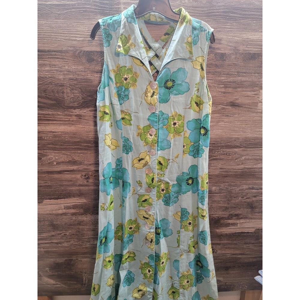 Vtg White Stag Floral Linen Rayon Crisscross Back Maxi Dress Women 16 Blue Green